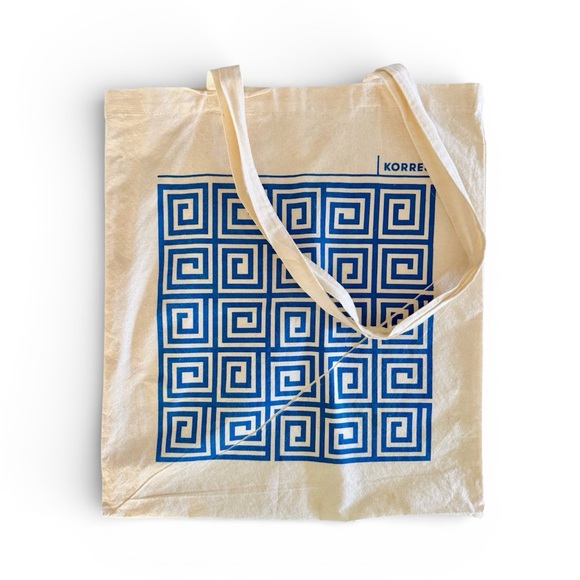 KORRES Cotton Canvas Blue Greek Key Pattern Book Bag Tote - Picture 9 of 10